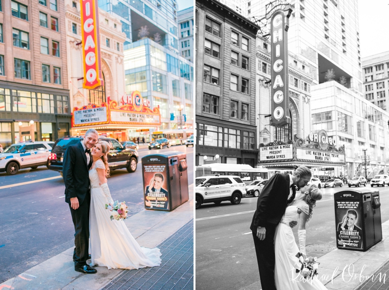 © Rachael Osborn Photography // Romantic Downtown Chicago Wedding // Chicago Theater Wedding Kiss