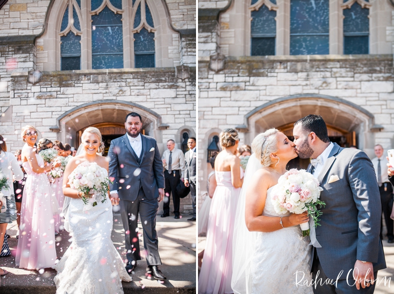 Romantic Pink and White Rose Petal Toss Church Exit of Bride and Groom // Chicago, Illinois Fine Art Wedding Photography // © www.rachaelosbornphotography.com