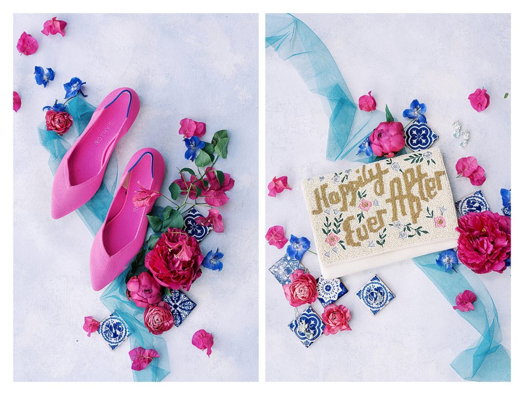 magenta shoes and blue wedding details styled with blue and white tiles