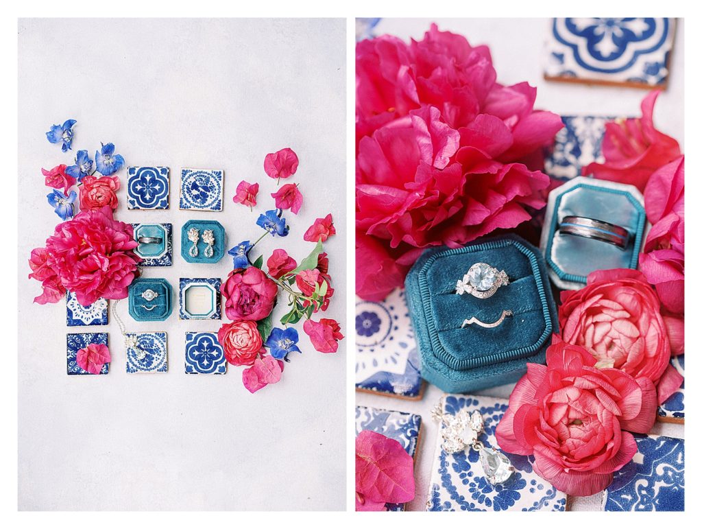 terrazzo blue and white tiles and magenta peonies frame an image of wedding rings 