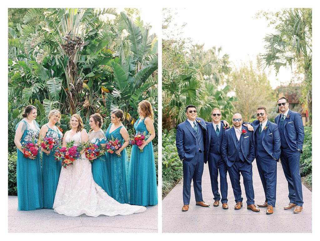 bridesmaids and groomsmen pose at Disney's Polynesian Resort with lush greenery at this teal and magenta color wedding