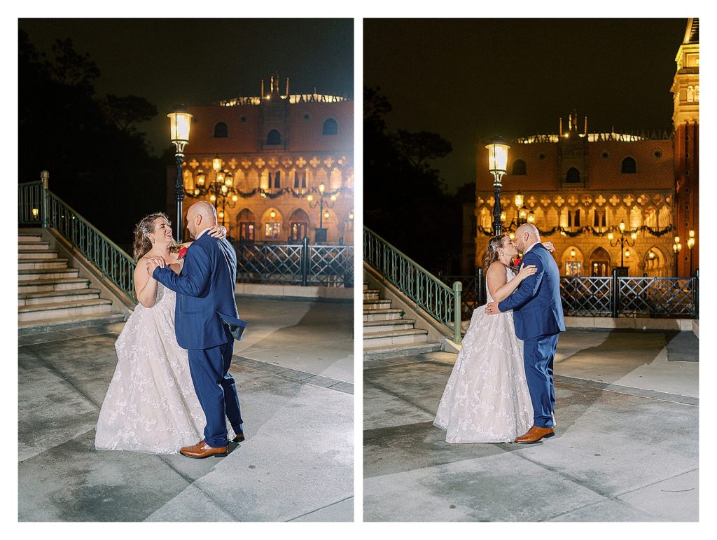bride and groom first dance at Epcot Italy at Disney World
