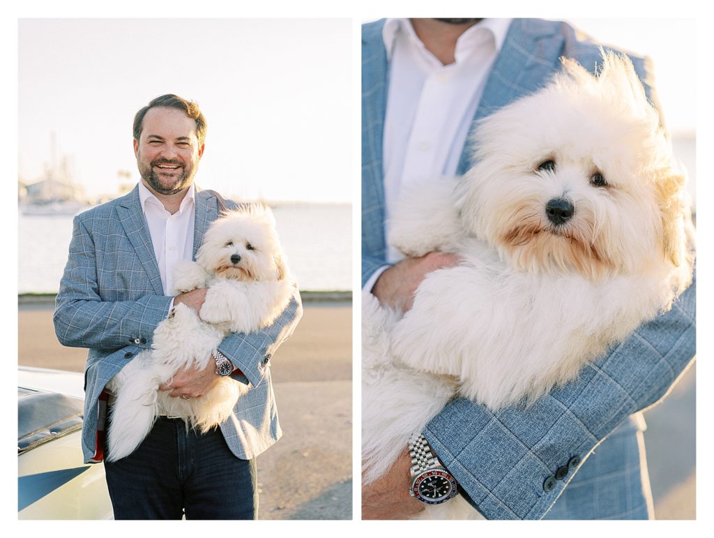 Tampa fine art engagement photography with a vintage car and adorable dog